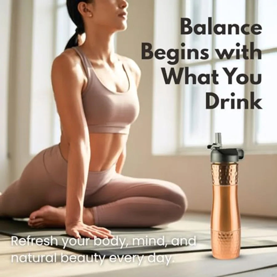 Pure Copper Water Bottle With Straw And Sports Lid 950ml Ayurveda