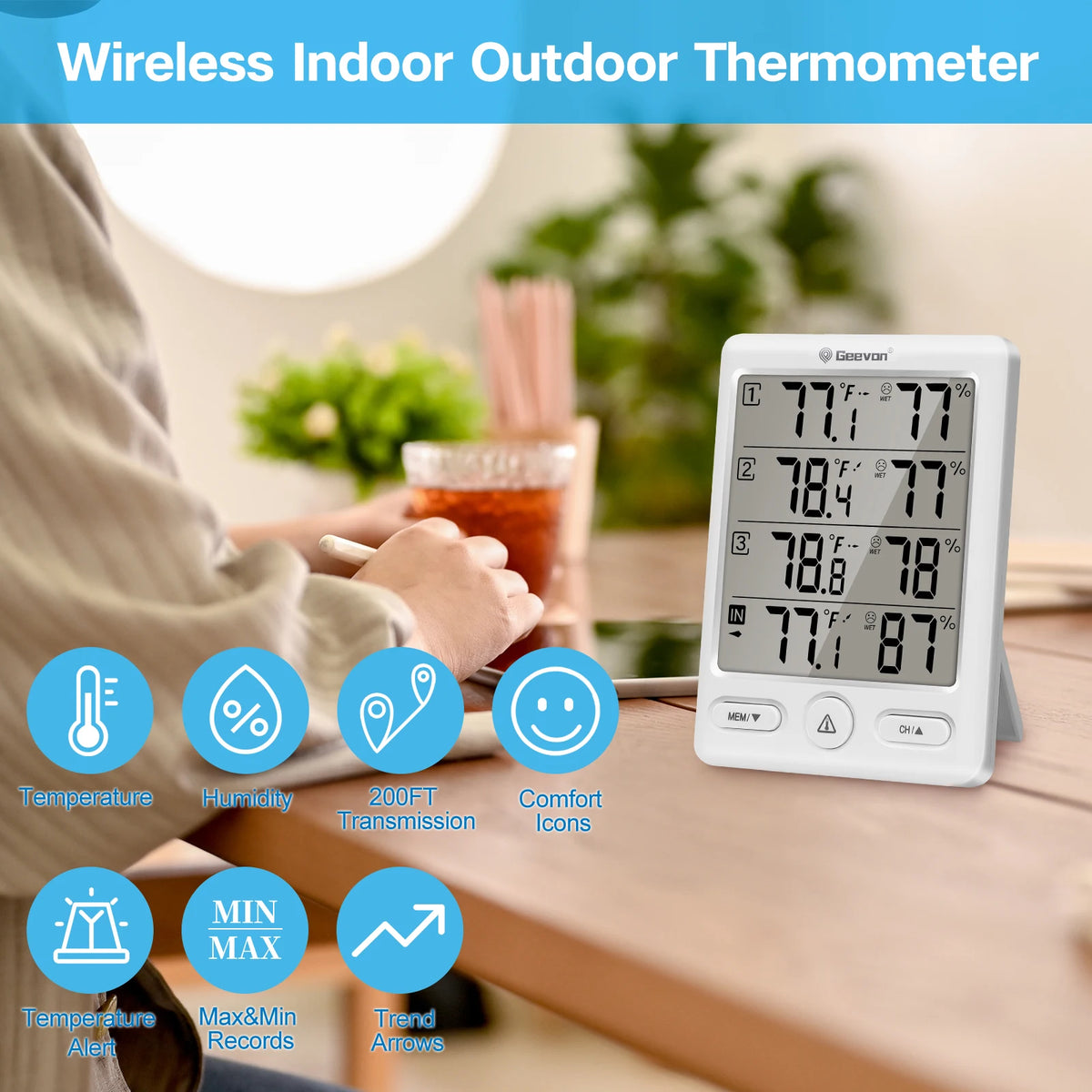 Geevon Wireless Indoor Outdoor Thermometer With Remote Sensors And Hygrometer