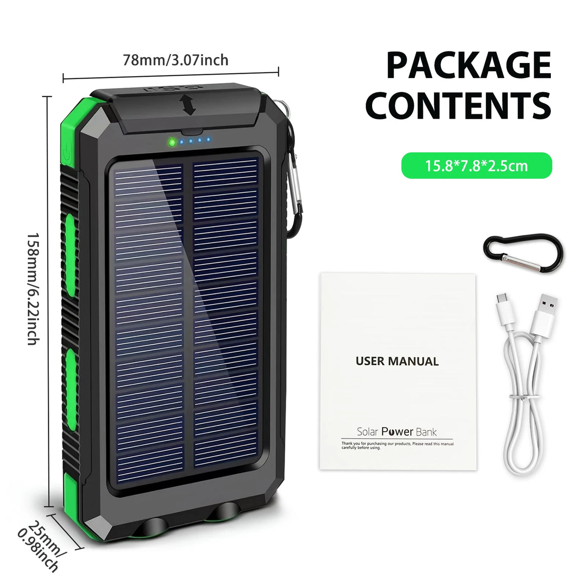 Portable 30000mAh Solar Power Bank Fast Charging Dual USB Flashlight
