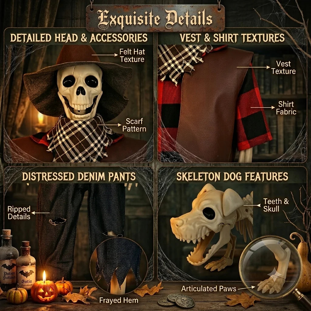 Posable Halloween Cowboy Skeleton and Dog Outdoor Decorations