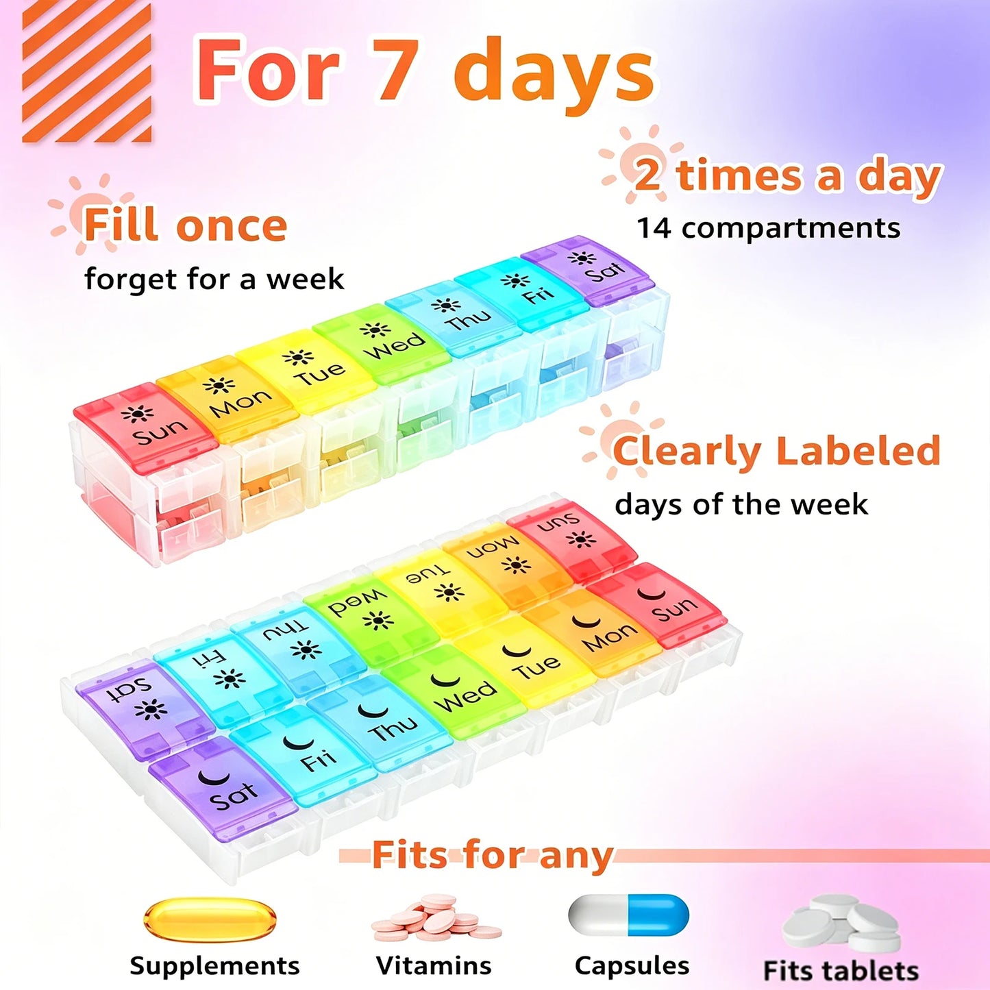 Weekly Pill Organizer 14 Compartments BPA Free Foldable Medicine Box