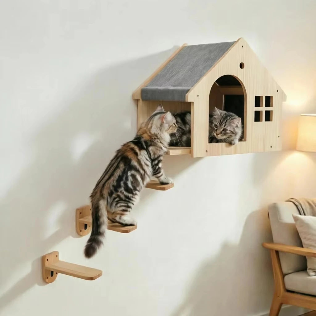 Solid Wood Wall Mounted Cat Shelf Floating Condo Villa