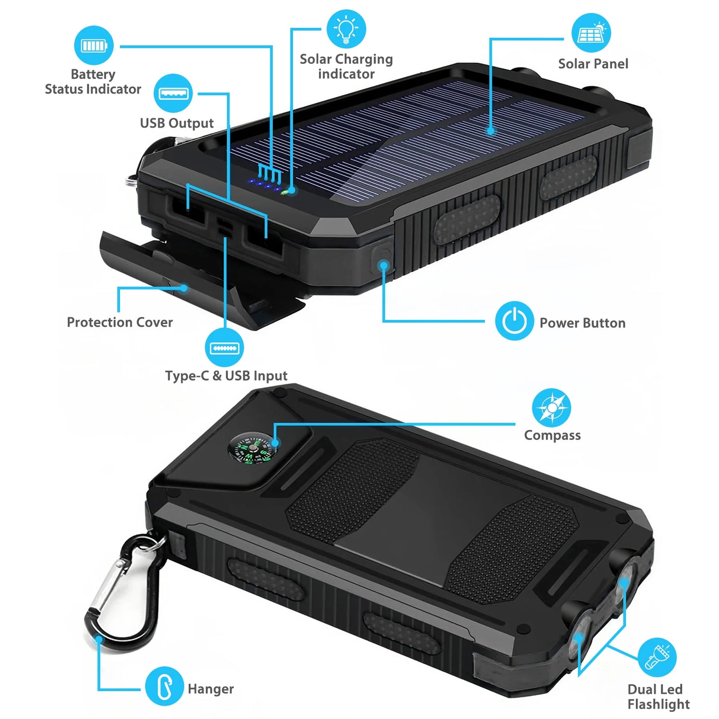 Portable 30000mAh Solar Power Bank Fast Charging Dual USB Flashlight