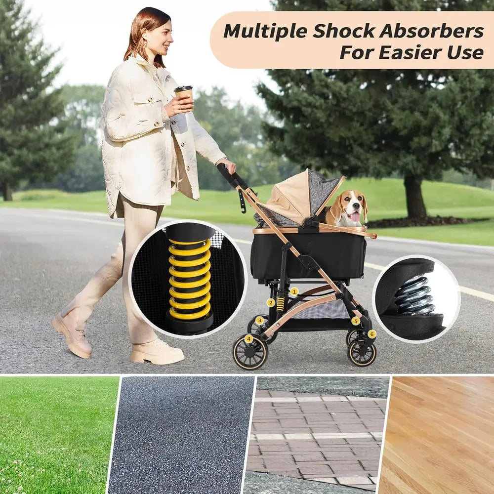 Four Wheel Pet Stroller With Shock Absorbers And Storage Basket