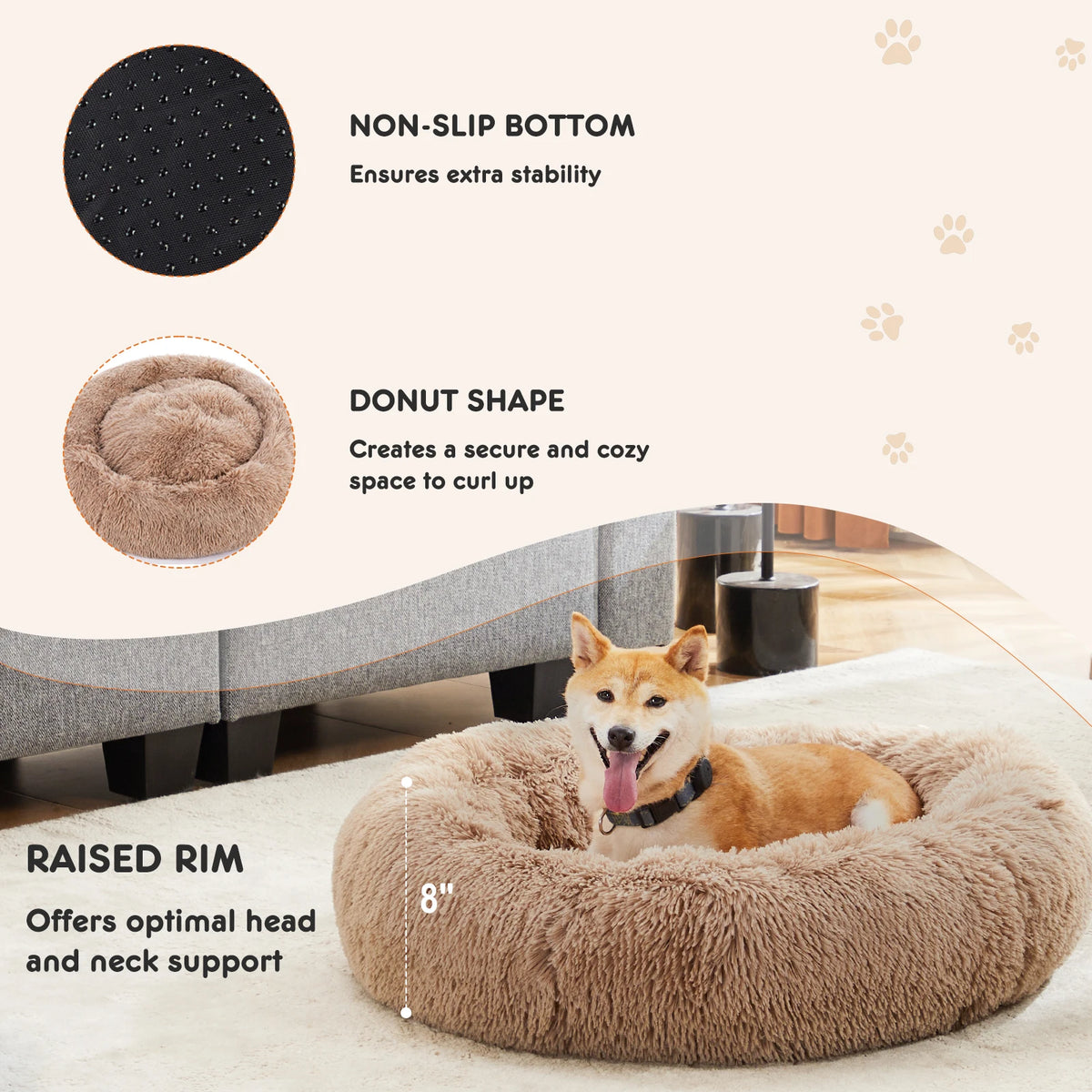 JHK Calming Dog Bed Plush Round Anti Slip Washable Lounge