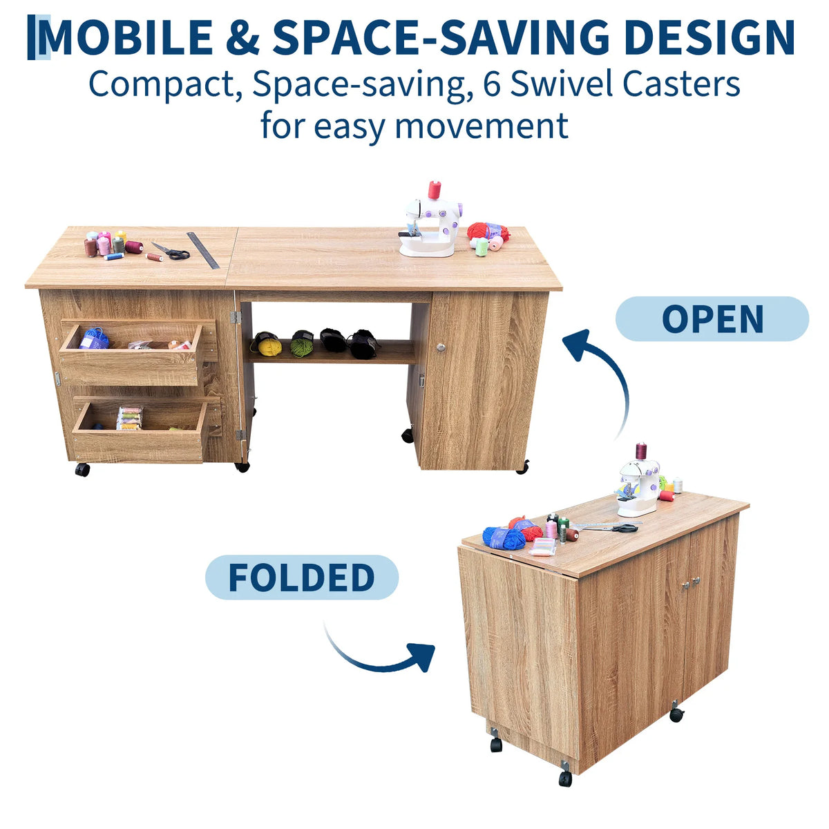 GAOMON Folding Sewing Cabinet Table with Storage and Lockable Wheels