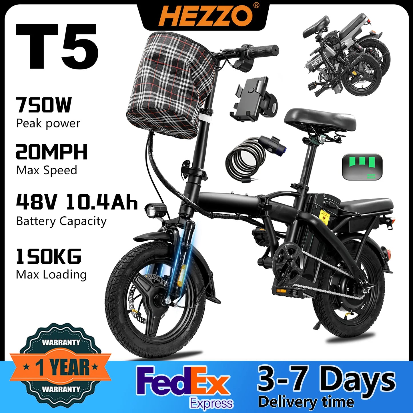 Hezzo T5 Folding Electric Bike With 750W Peak Power Motor