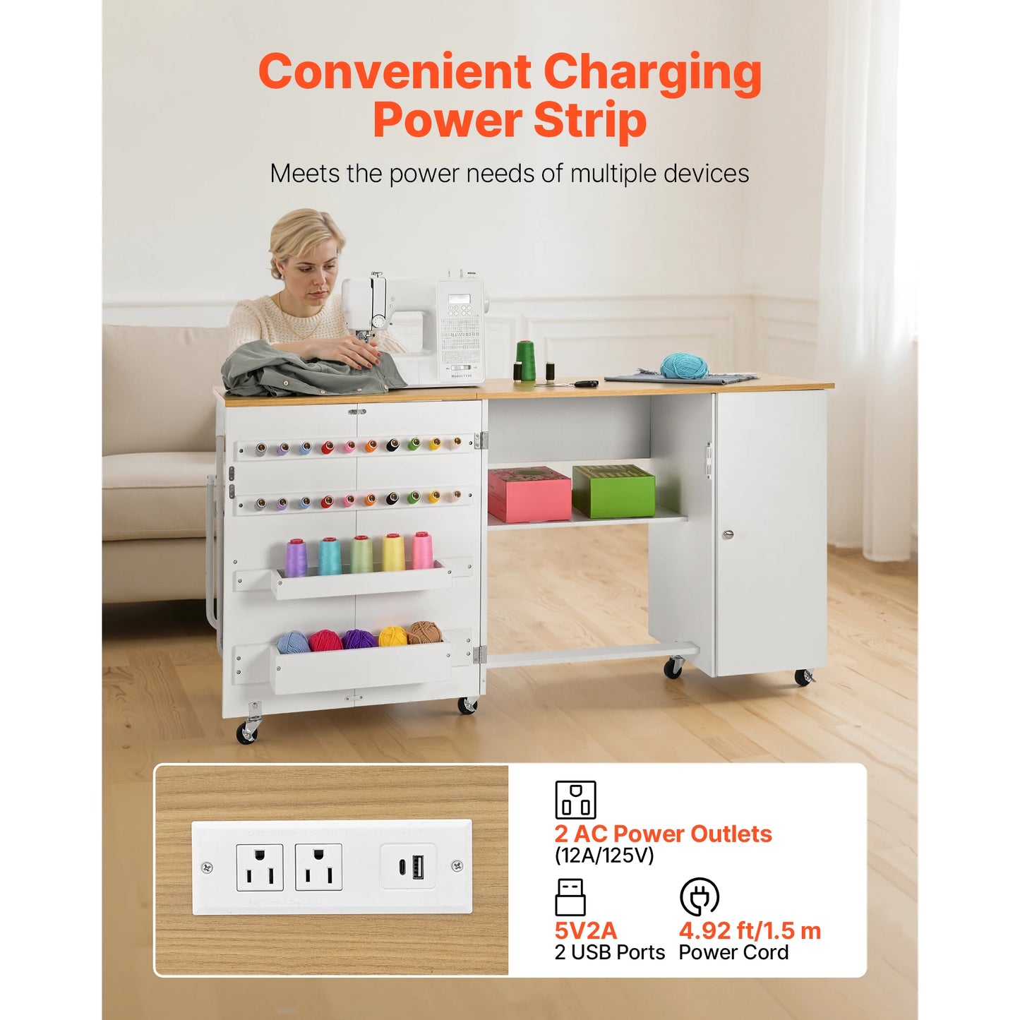 SucceBuy Folding Sewing Table Multipurpose Cabinet Charging Station
