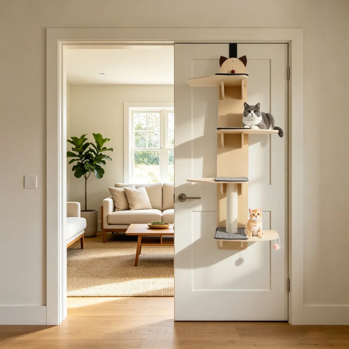 Door Hanging Cat Tree With Scratch Post And Wooden Shelves