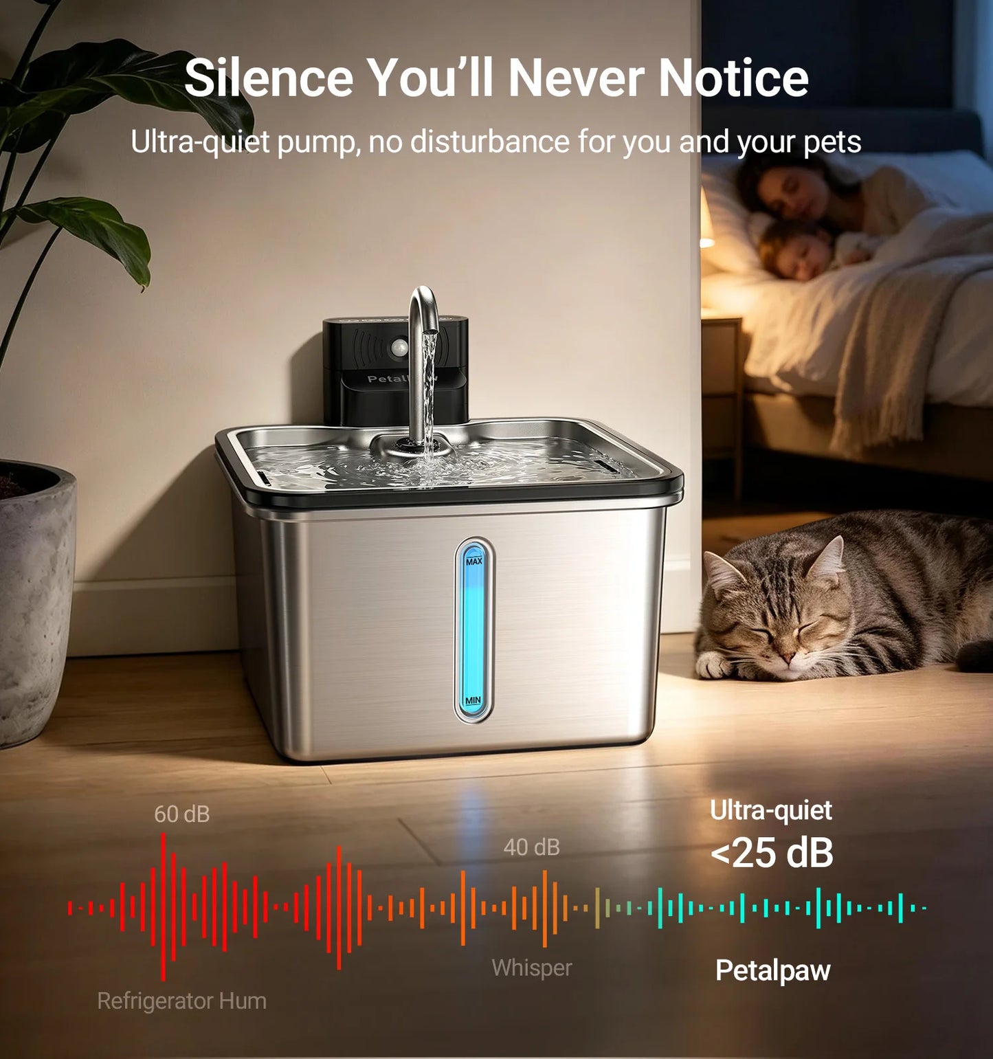 Wireless Stainless Steel Cat Water Fountain Cordless Drinking Dispenser Indoor