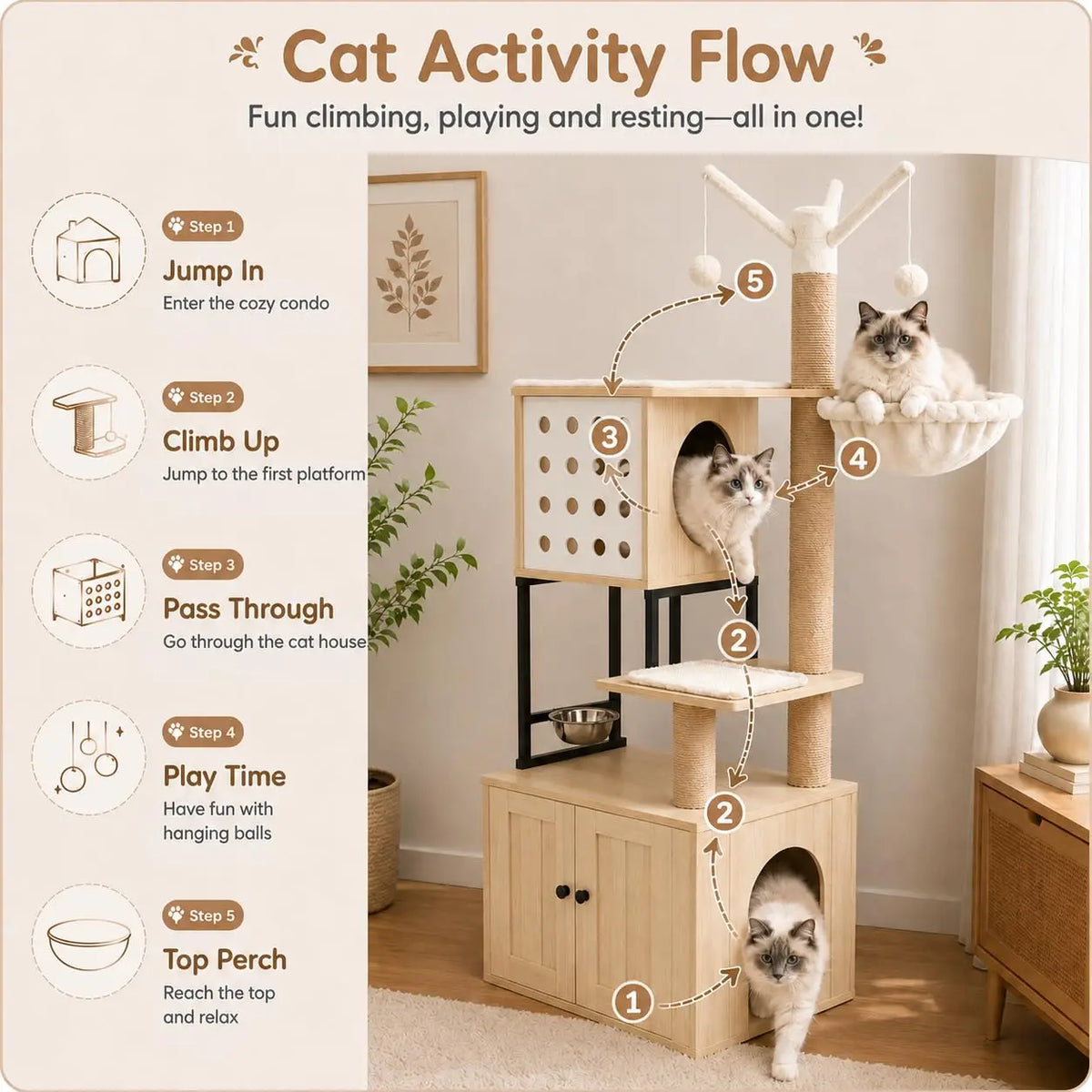 Cat Tree With Hidden Litter Box Enclosure And Climbing Condo