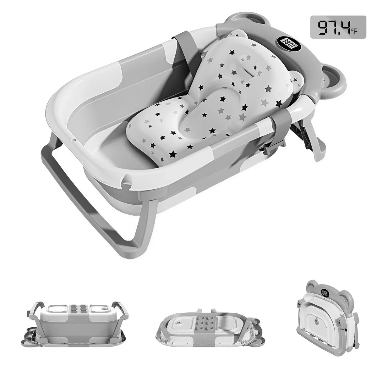 Portable Collapsible Baby Bathtub with Thermometer and Floating Cushion