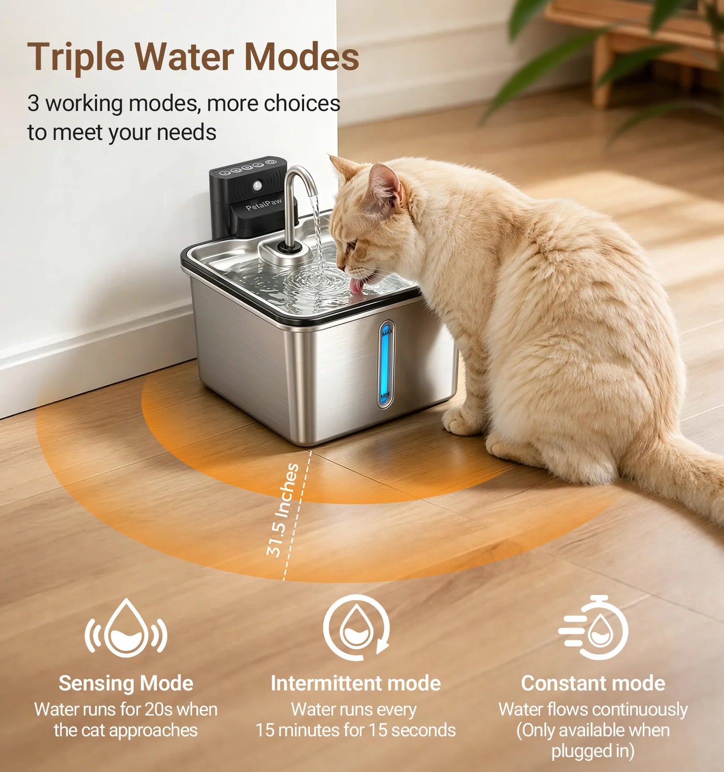 Wireless Stainless Steel Cat Water Fountain Cordless Drinking Dispenser Indoor