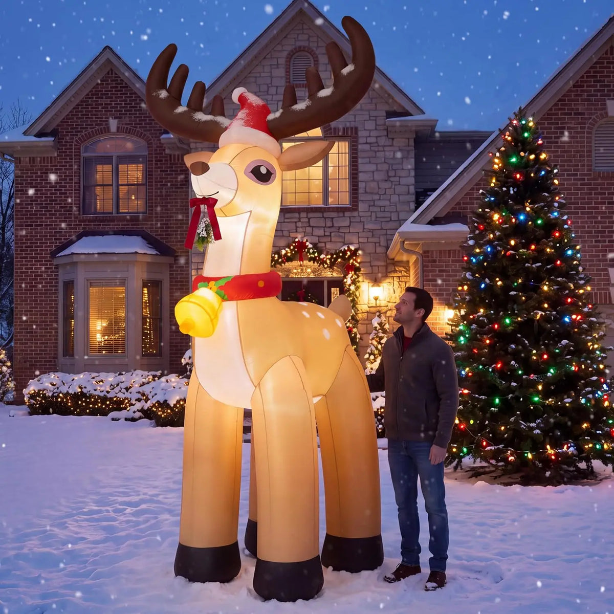Joyfy Christmas Inflatable Reindeer With Santa Hat And LED Lights
