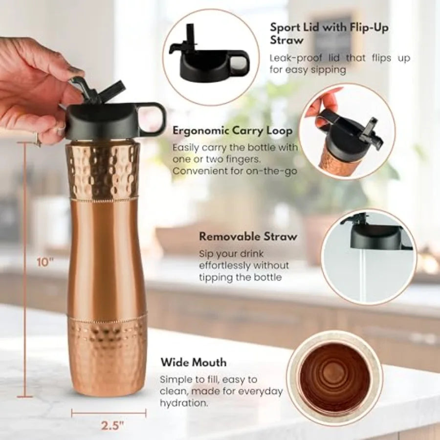 Pure Copper Water Bottle With Straw And Sports Lid 950ml Ayurveda
