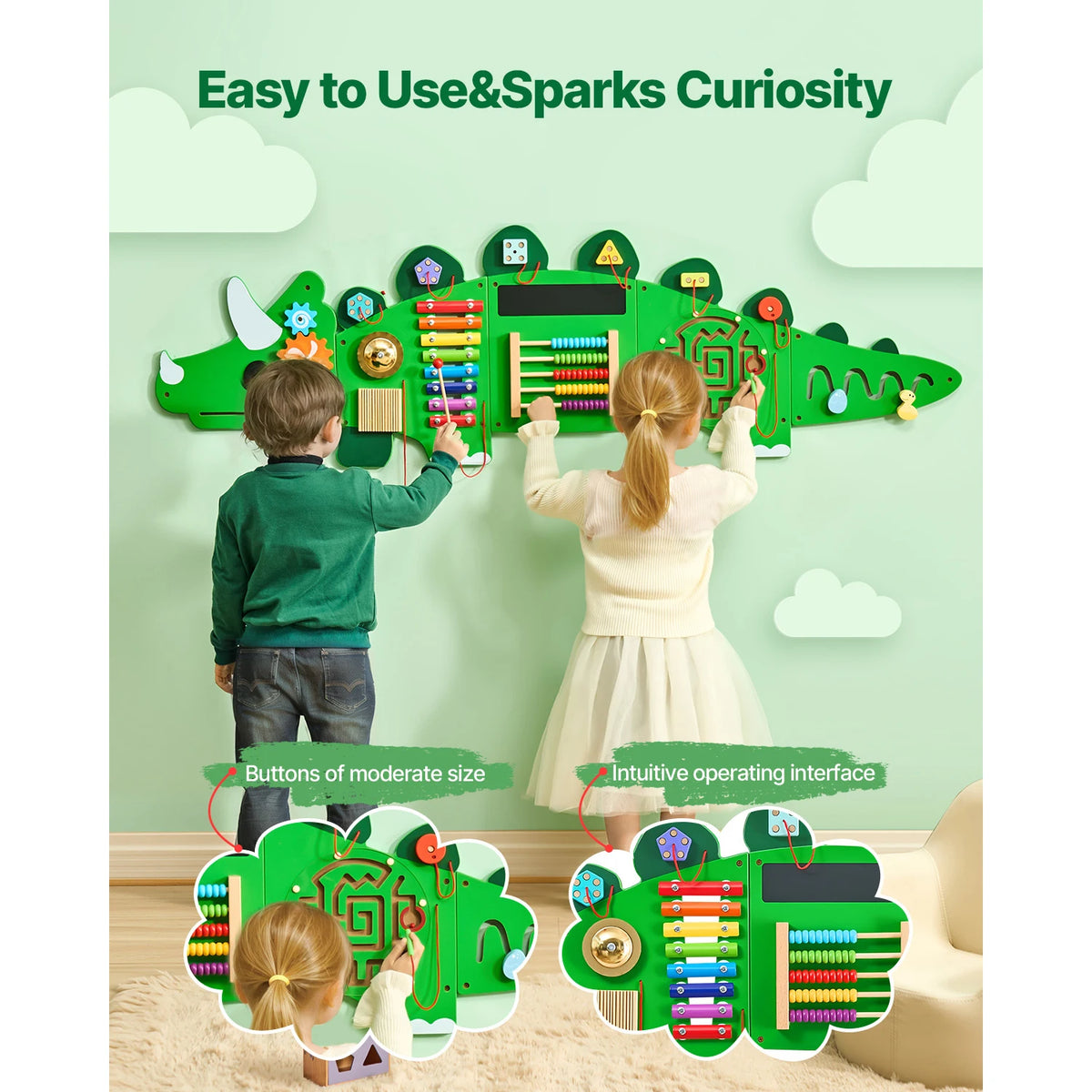 Dinosaur Montessori Busy Board With 11 Sensory Activity Panels