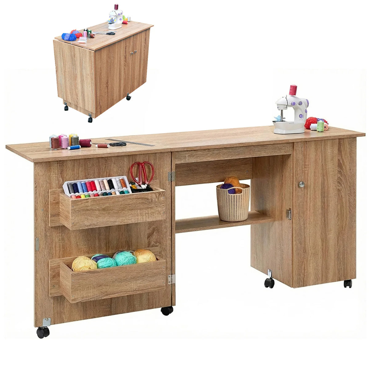 GAOMON Folding Sewing Cabinet Table with Storage and Lockable Wheels
