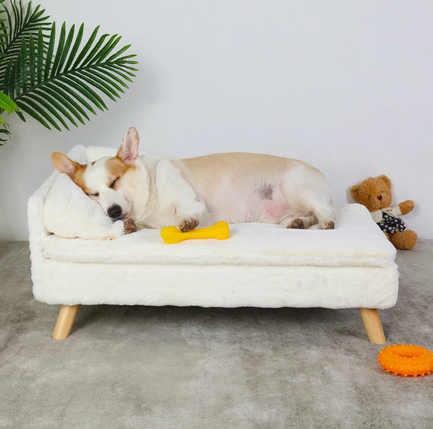 Plush L Shape Pet Sofa With Solid Wood Legs Indoors