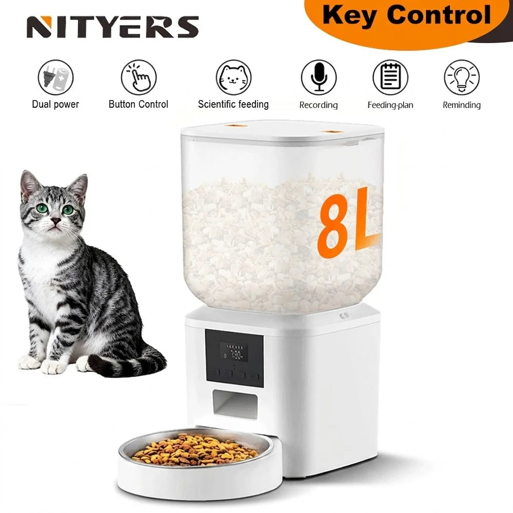 Nityers Automatic Cat Feeder Voice Recorder Dual Power Stainless Bowl