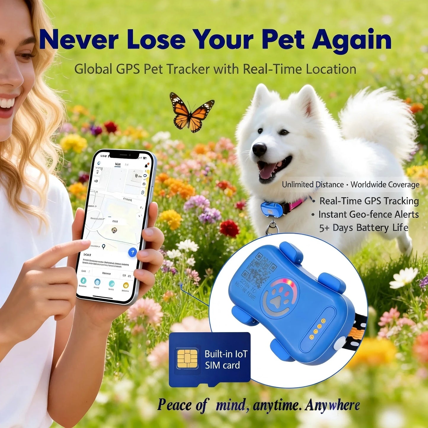 WANWAYTECH Wireless 4G Pet GPS Tracker Unlimited Monitoring Location Device