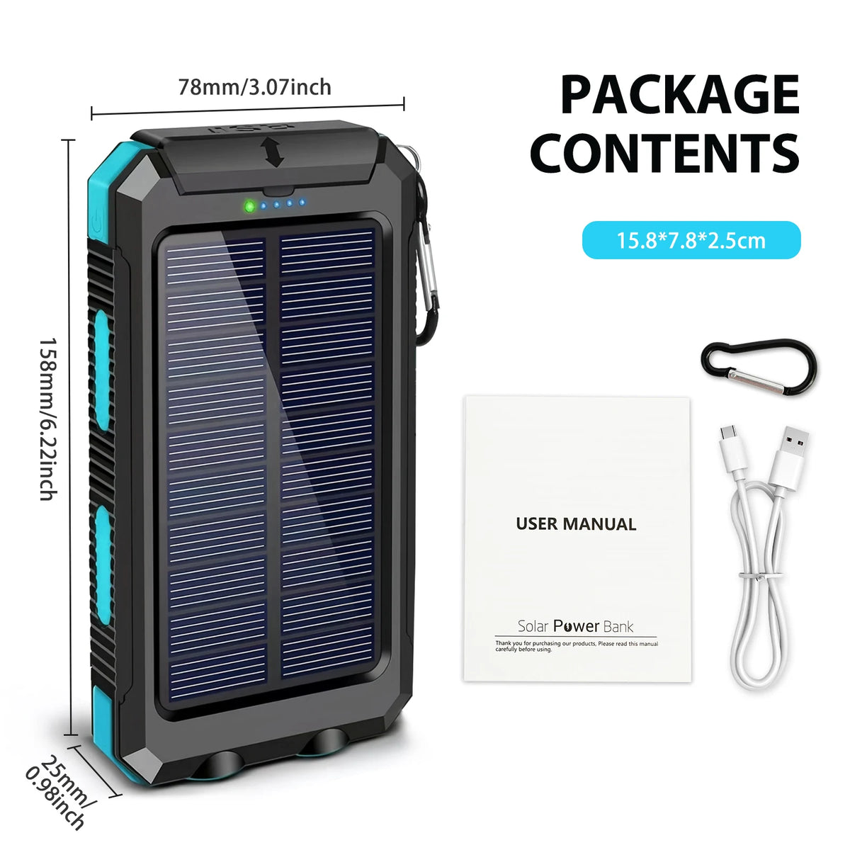 Portable 30000mAh Solar Power Bank Fast Charging Dual USB Flashlight