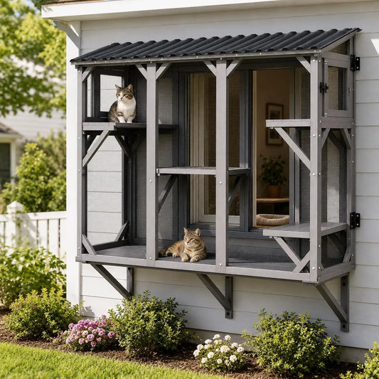 Outdoor Wooden Cat Window Catio Enclosure With Panoramic Viewing Perch