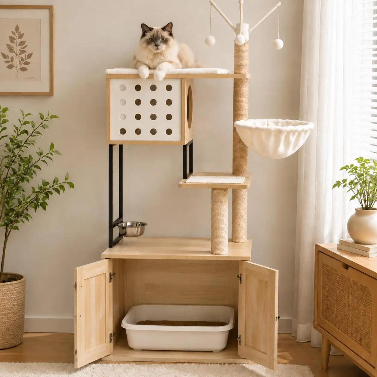 Cat Tree With Hidden Litter Box Enclosure And Climbing Condo