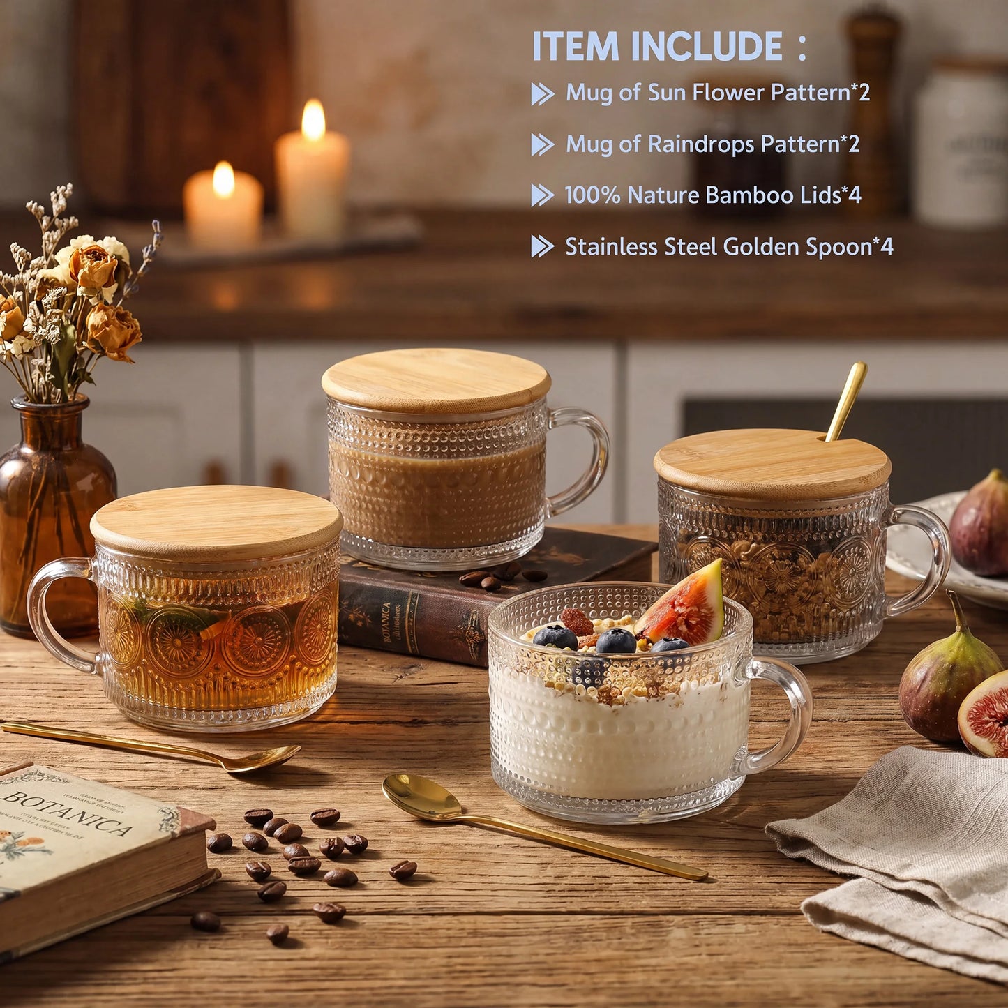 Vintage Embossed Glass Coffee Mug Set With Bamboo Lids Spoons