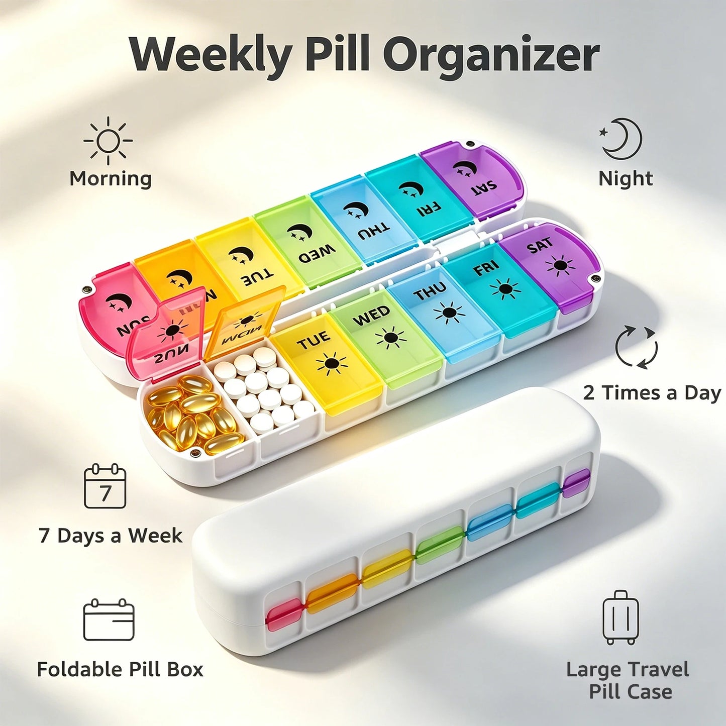 Weekly Pill Organizer Double Dose Foldable Container For Medication Vitamins