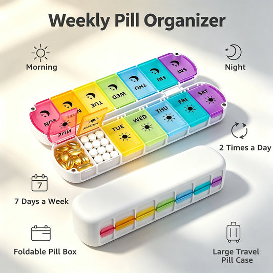 Weekly Pill Organizer Double Dose Foldable Container For Medication Vitamins