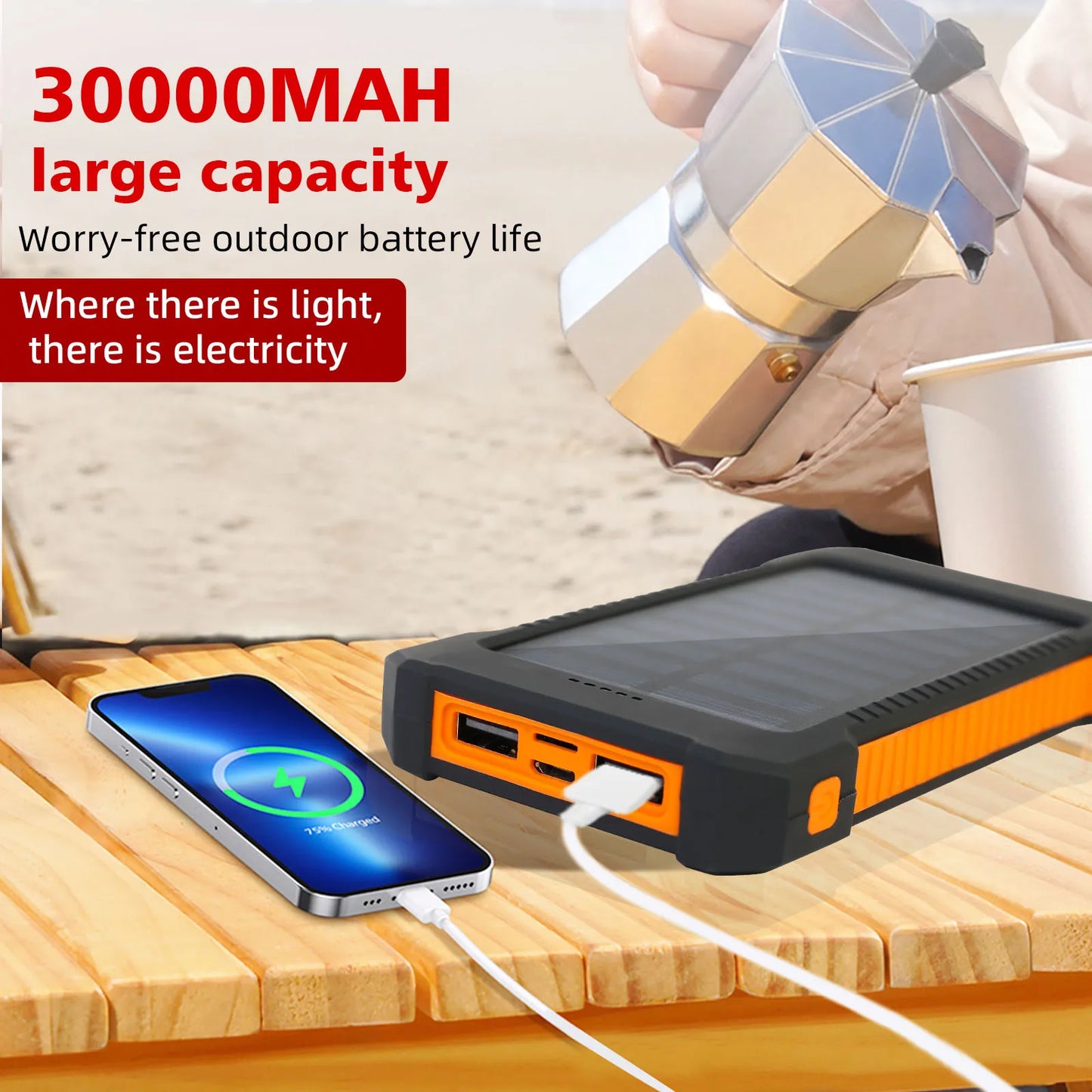 26800mAh Solar Power Bank Wireless Charging Waterproof With Flashlight Compass