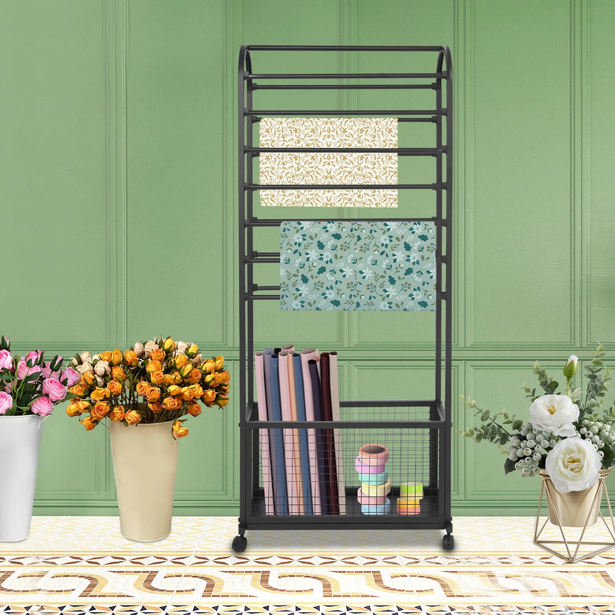 Iron Rolling Ribbon Holder Rack With Storage Basket
