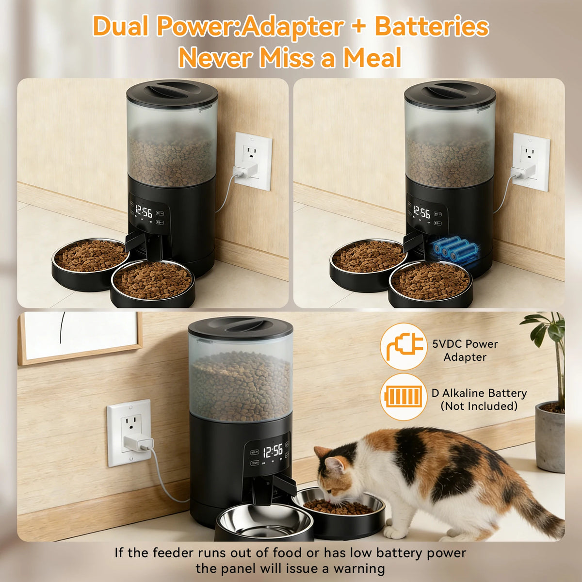 Automatic Cat Food Dispenser Stainless Bowls Dual Power Timed LCD