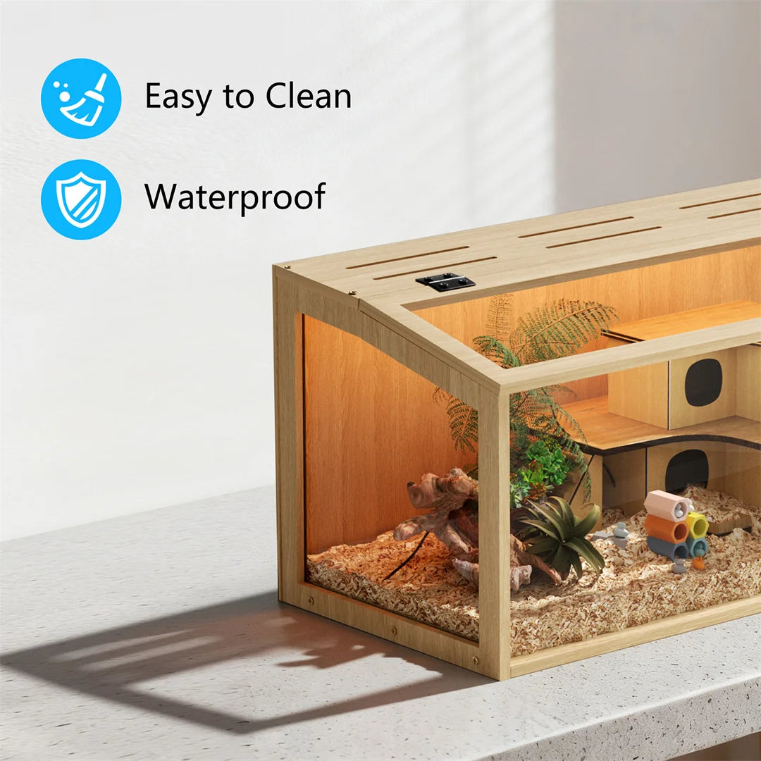 Wooden Hamster Cage With Tempered Glass And Led Lighting