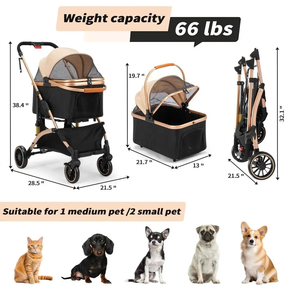 Four Wheel Pet Stroller With Shock Absorbers And Storage Basket