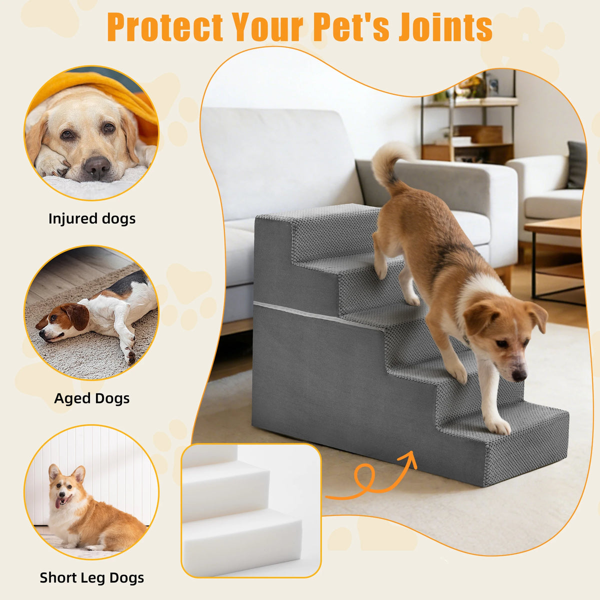 Three To Five Step Right Angled Foam Dog Stairs Ramp