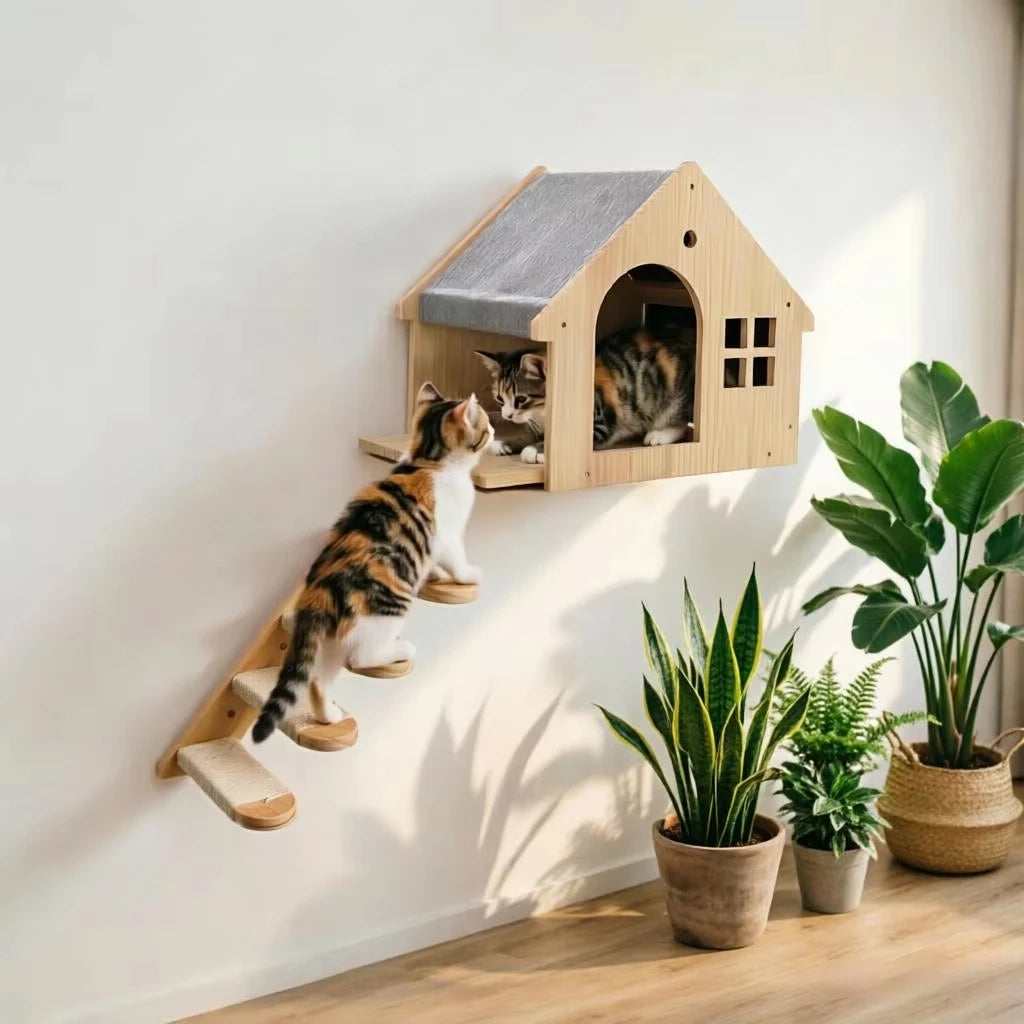 Solid Wood Wall Mounted Cat Shelf Floating Condo Villa
