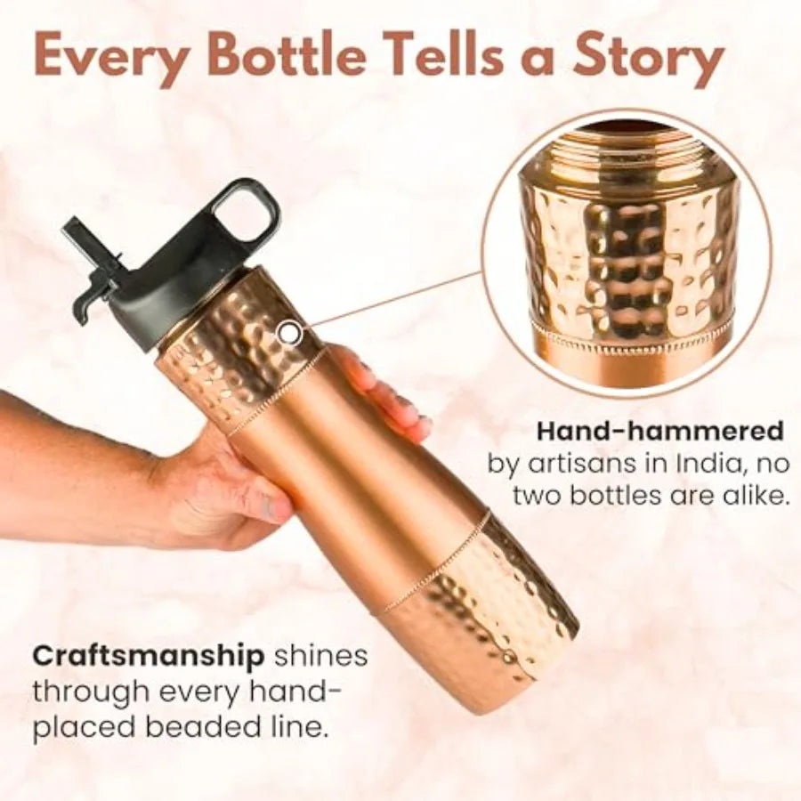 Pure Copper Water Bottle With Straw And Sports Lid 950ml Ayurveda