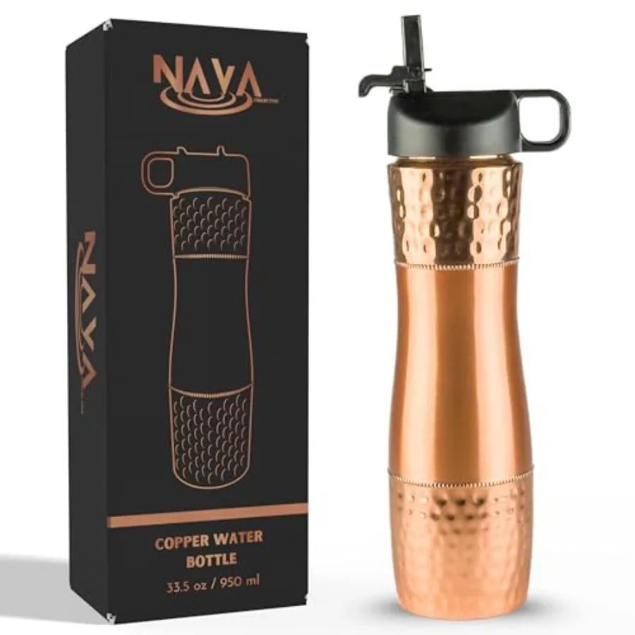 Pure Copper Water Bottle With Straw And Sports Lid 950ml Ayurveda