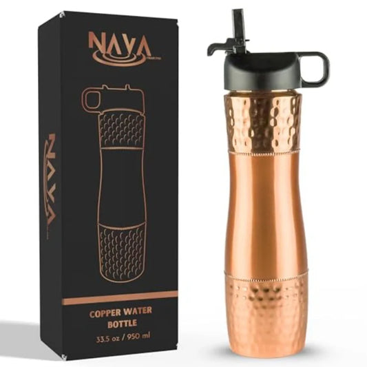 Pure Copper Water Bottle With Straw And Sports Lid 950ml Ayurveda