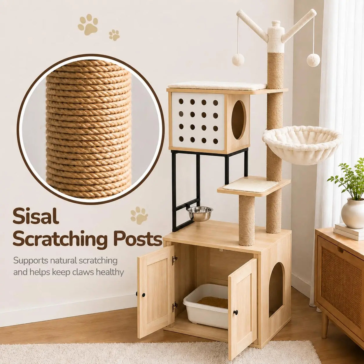Cat Tree With Hidden Litter Box Enclosure And Climbing Condo