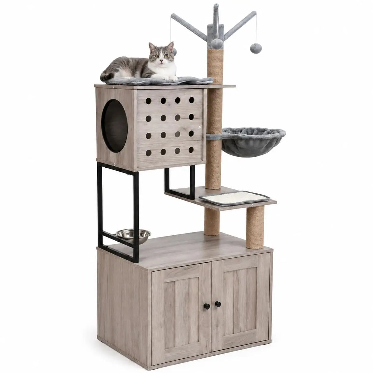 Cat Tree With Hidden Litter Box Enclosure And Climbing Condo