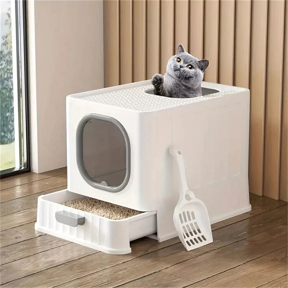 Semi Enclosed Cat Litter Box With Scoop And Plastic Tray