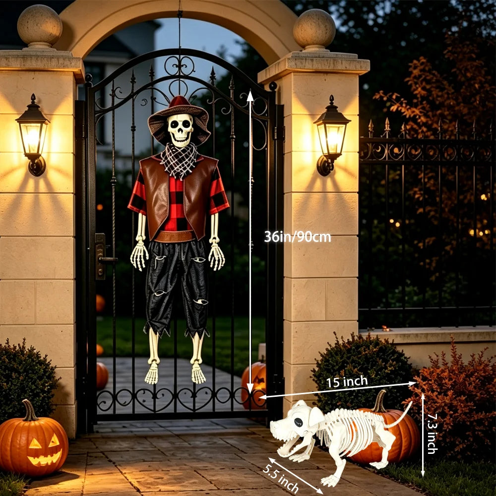 Posable Halloween Cowboy Skeleton and Dog Outdoor Decorations