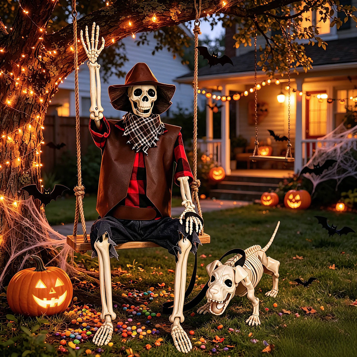 Posable Halloween Cowboy Skeleton and Dog Outdoor Decorations