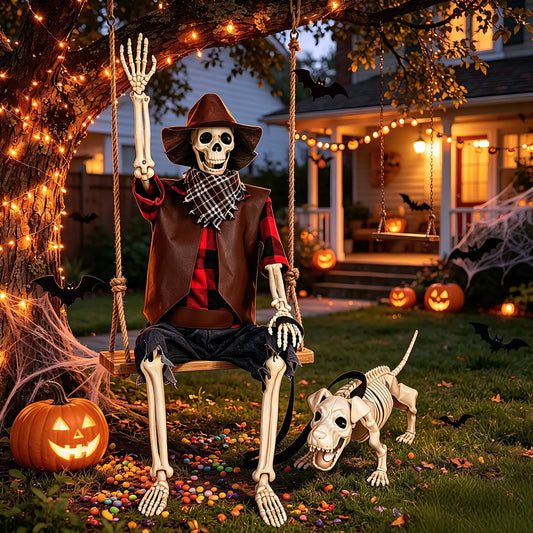 Posable Halloween Cowboy Skeleton and Dog Outdoor Decorations