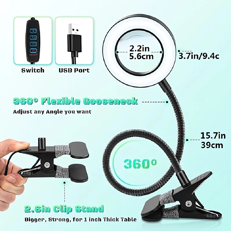 Dumiloo Led Clip On Magnifying Desk Lamp With Adjustable Gooseneck