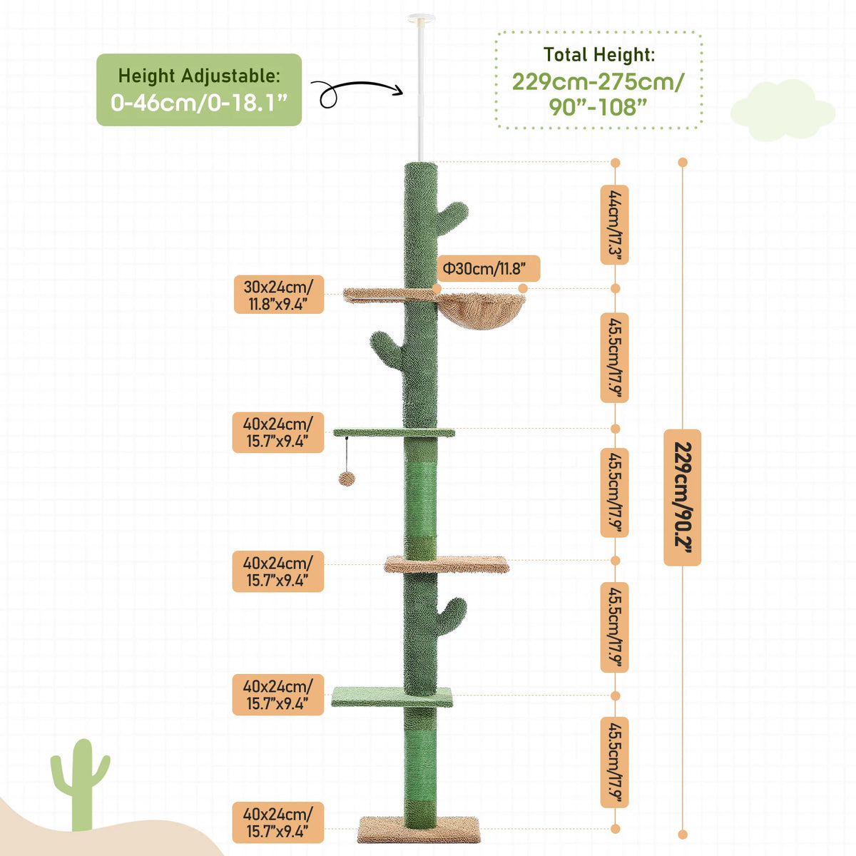 PAWZ Road Floor To Ceiling Cactus Cat Tree Scratching Post