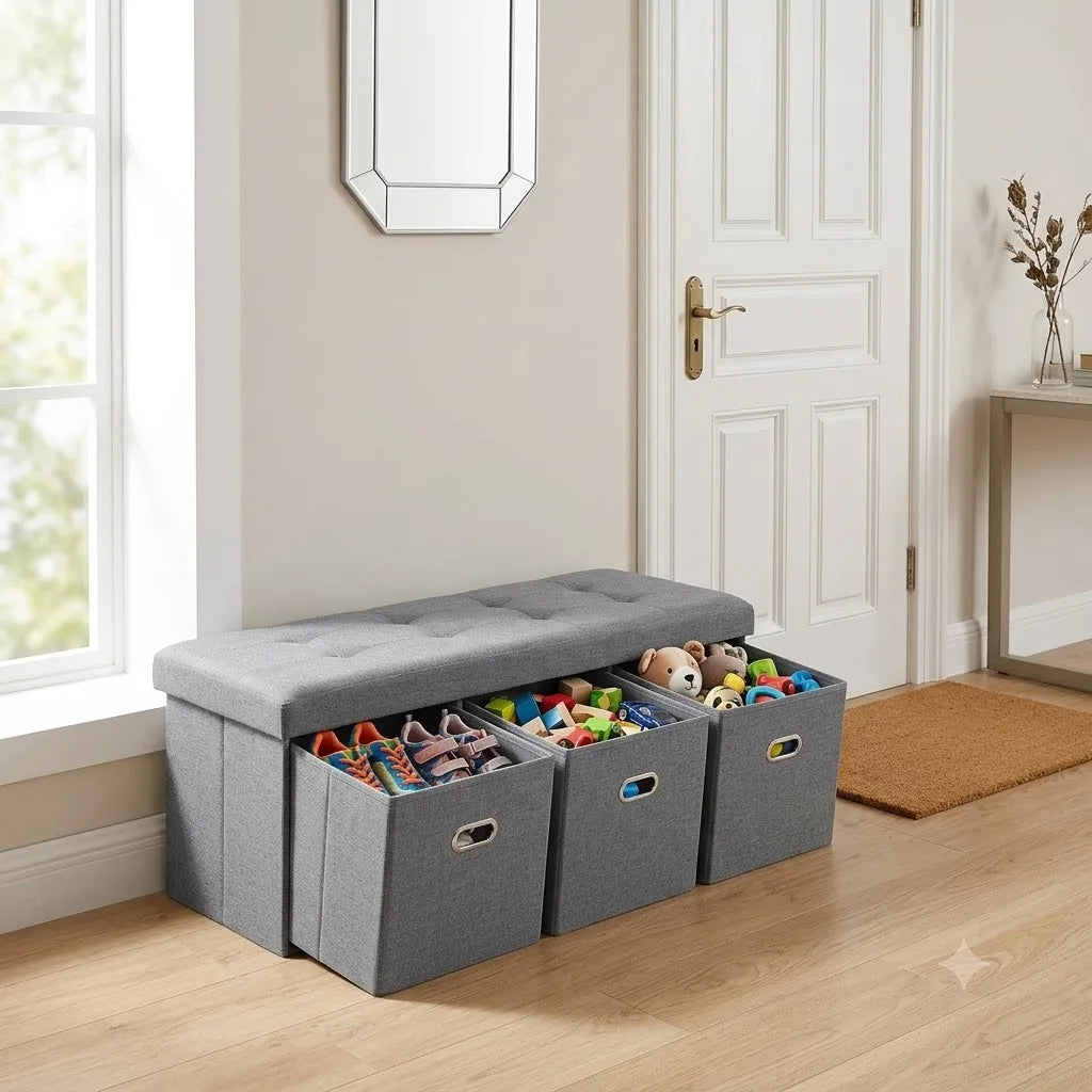 Foldable Linen Storage Ottoman Bench With Three Removable Drawers
