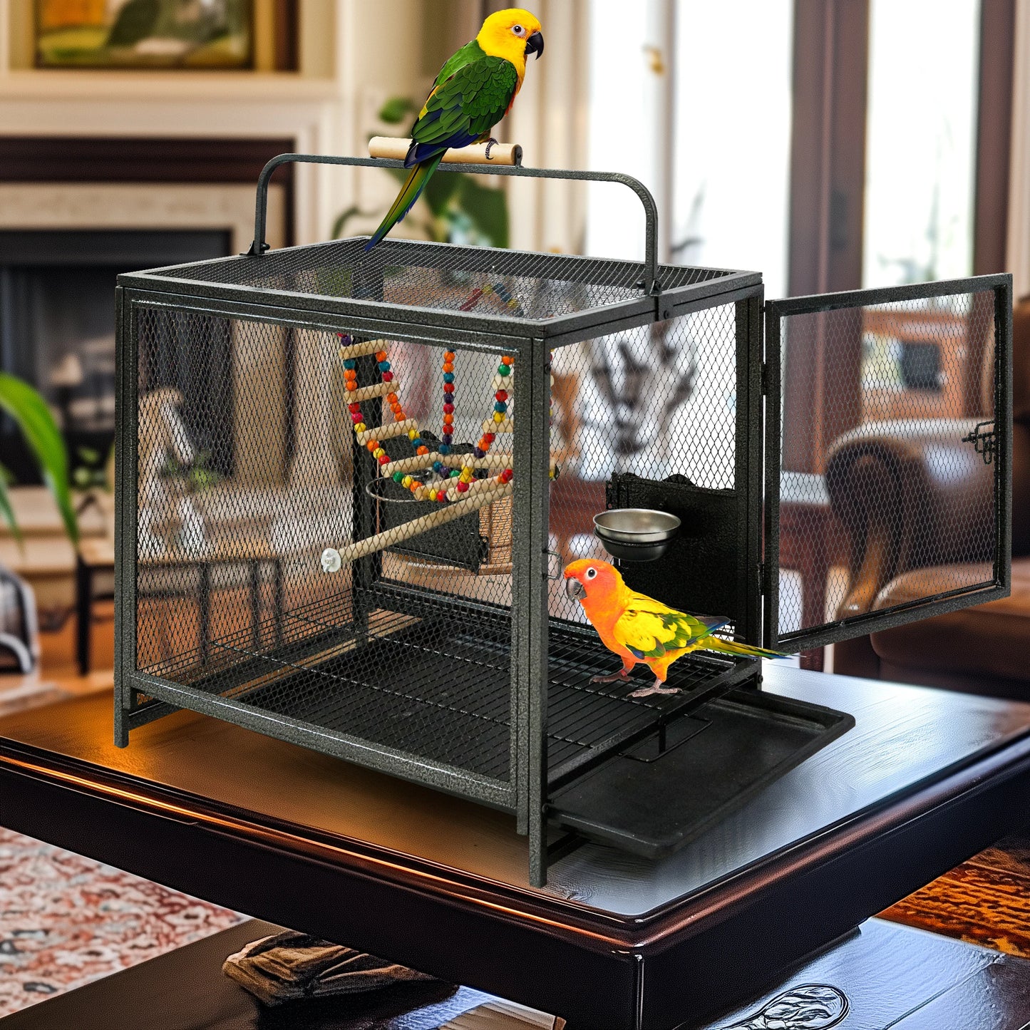 Wrought Iron Bird Travel Carrier With Wooden Perch And Guard